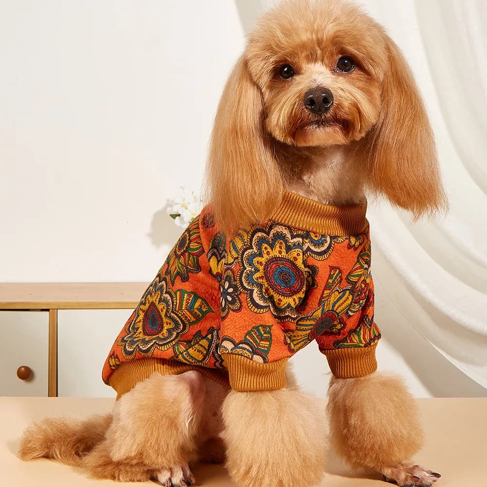 Trendy Floral Print Pet Hoodie, Warm Ethnic Style Fleece Dog Sweater, Cute Plush Cat and Dog Clothes