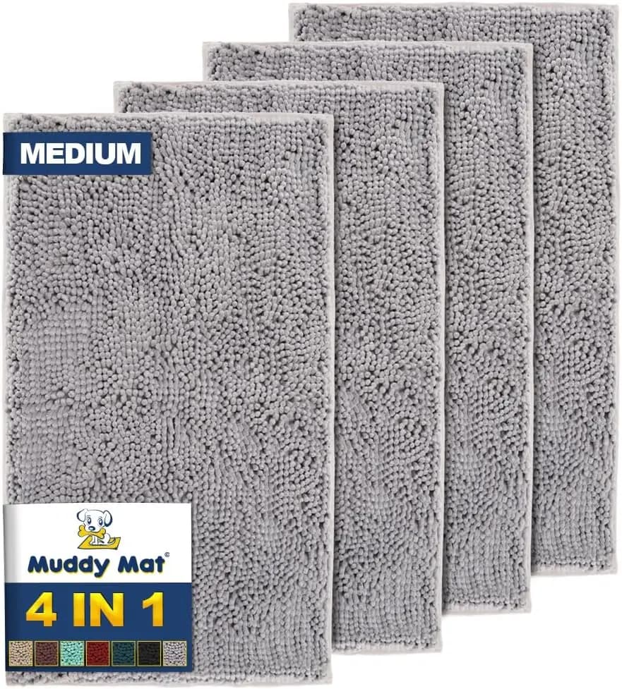 Set di 4 Tappetini in Microfibra Grigia di Media Dimensione, Tappeto per Bagno e Tappetino per Animali Domestici, Antiscivolo e Lavabile per Uso Interno ed Esterno