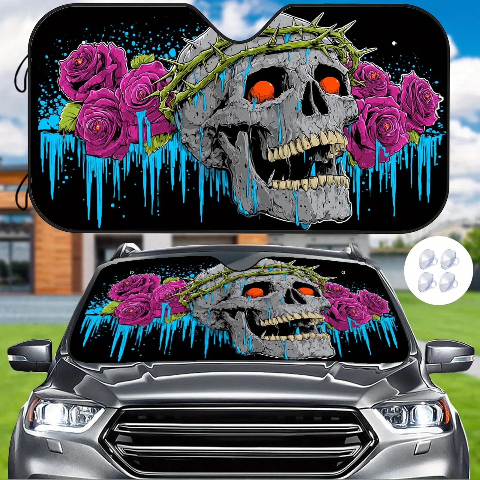 Skull Rose Car Windshield Sunshade With Thorn Crown Skull Art Design, Easy Installation With Included Mounting Accessories To Ma