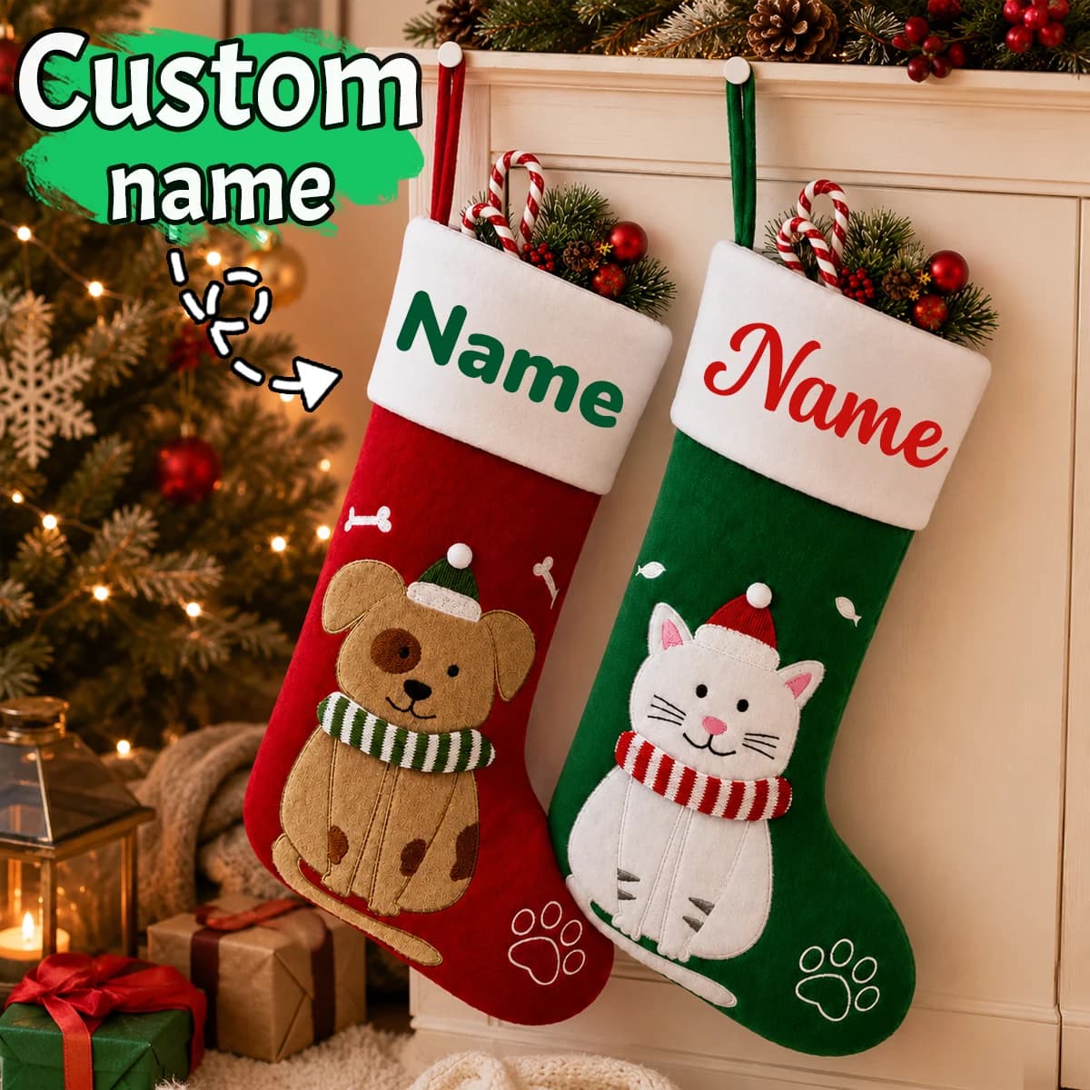 Custom Name Dog Cat Embroidery Xmas Sock Large Capacity Christmas Tree Fireplace Hanging Socks Holiday Decoration Gift