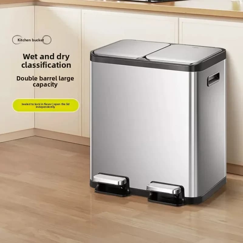 Kitchen Dual Compartment Trash Can Stainless Steel Garbage Bin Large Capacity Recycling Waste Basket Dry Wet Separation Waste