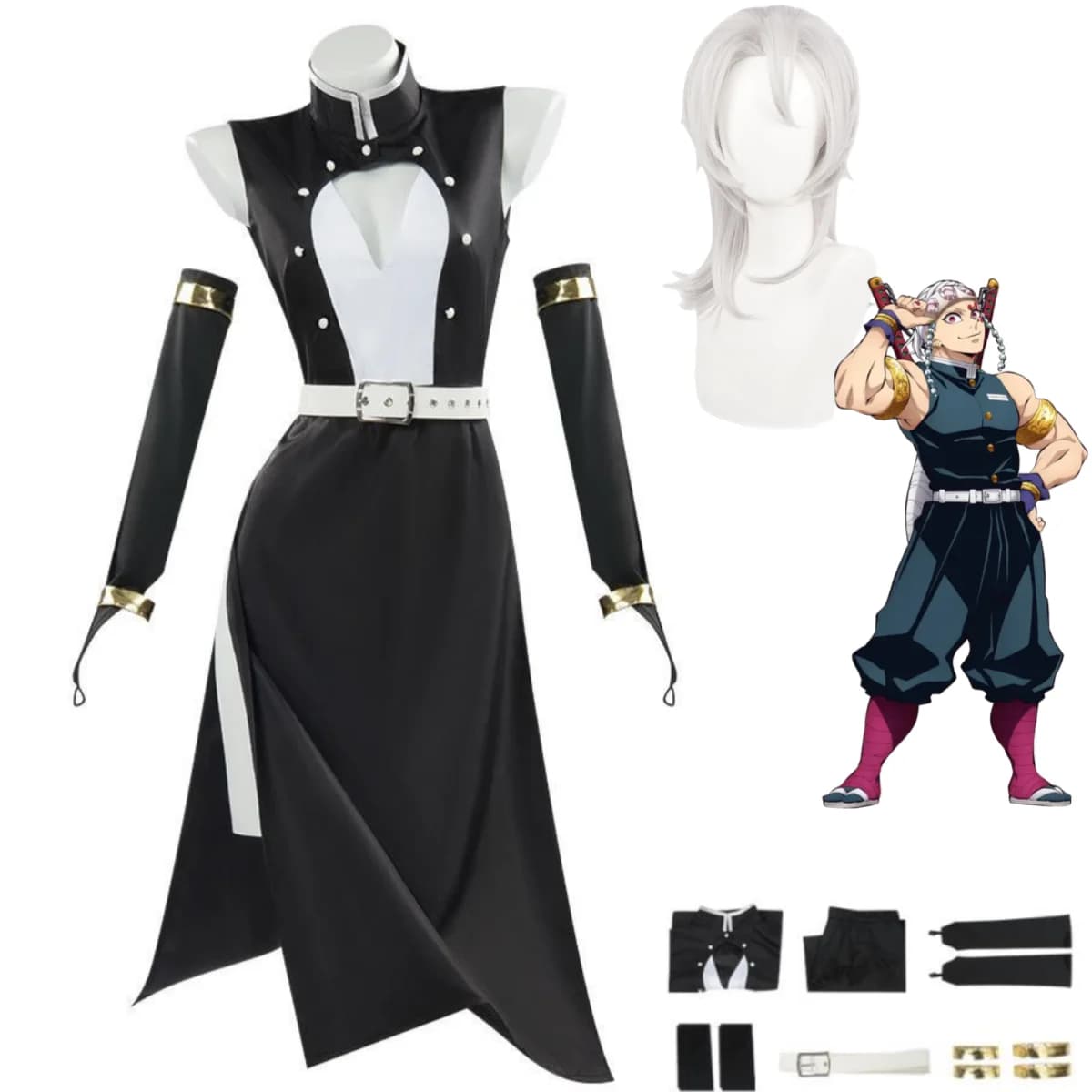 Anime Uzui Tengen Cosplay Costume Uniform Wig of the Team Slot Sleeveless Black Dress Adult Women's Sexy Mask Dress