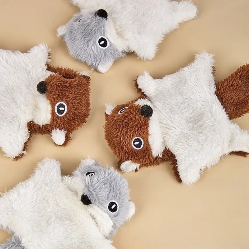 Durevole giocattolo per gatti scoiattolo volante in peluche stridulo con carta increspata e campana per masticare la dentizione del cucciolo di animale domestico