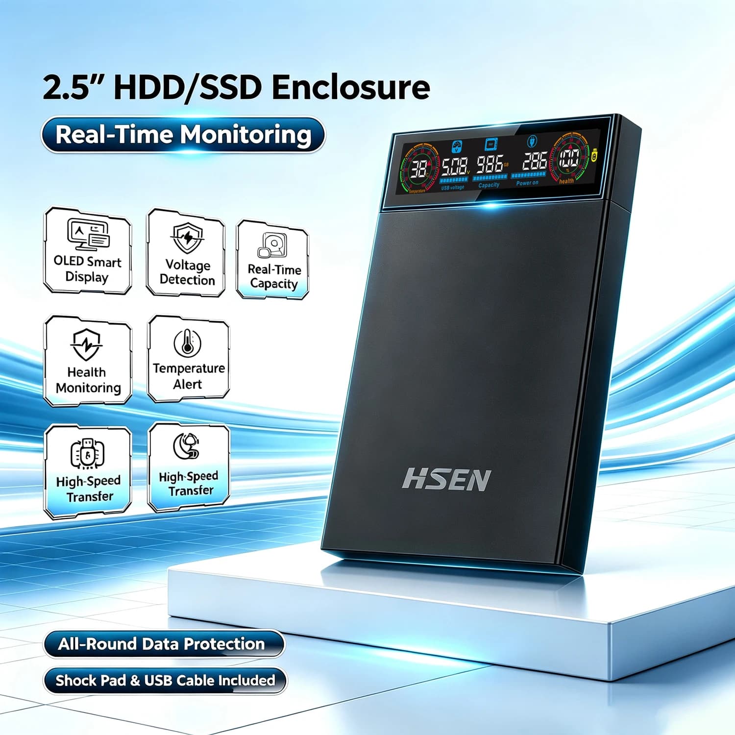 USB 3.2/Type C HDD Enclosure 2.5 inch SATA SSD External Hard Drive Case with Smart Display 5Gbps Harddisk Boxs Tool-Free