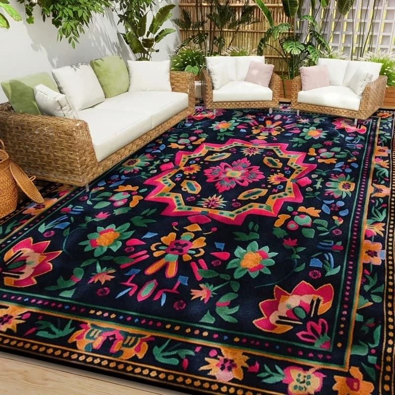 Black Base Colorful Mandala Floral Border Large Felt Area Rug Non Slip Boho Outdoor Living Room Carpet