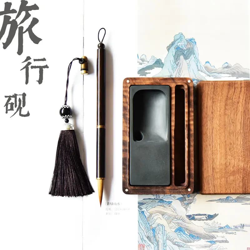 Portable Inkstone Calligraphy Set, Portable Ink Storage, Natural Raw Stone, High Grade Study, Wolf Hair Pen, No Ink Leakage