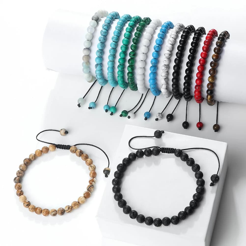 Bracciale regolabile in pietra naturale da 6 mm Energia curativa Lava nera Malachite Pietra occhio di gatto Perline di legno Bracciale Uomo Donna Gioielli