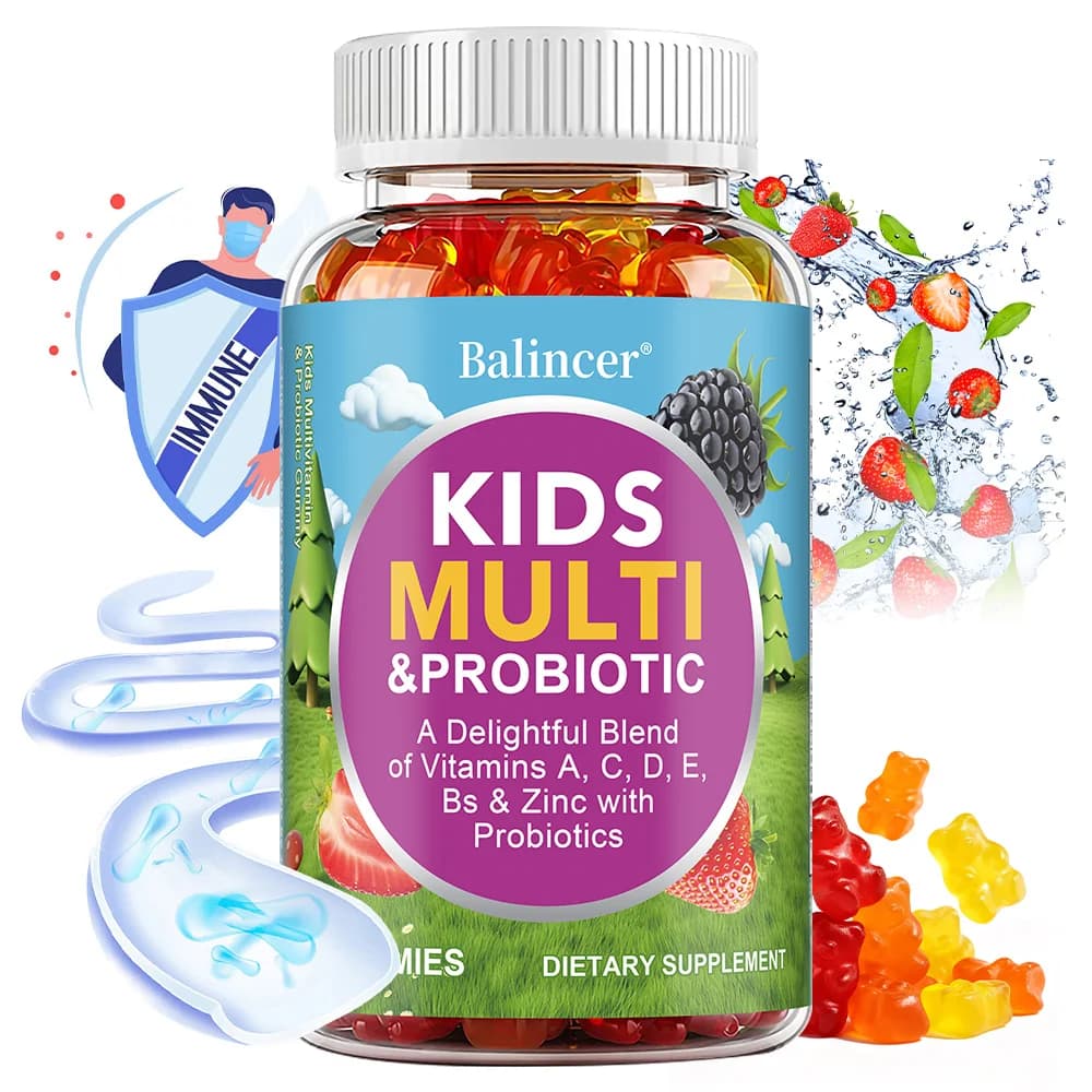 Multivitamin for Children + Probiotic in Gommose, Digestive and Immunitarian support, Vitamin A, D, C, E, B, Zinc, Masticable supplement, Wood Fruit Taste