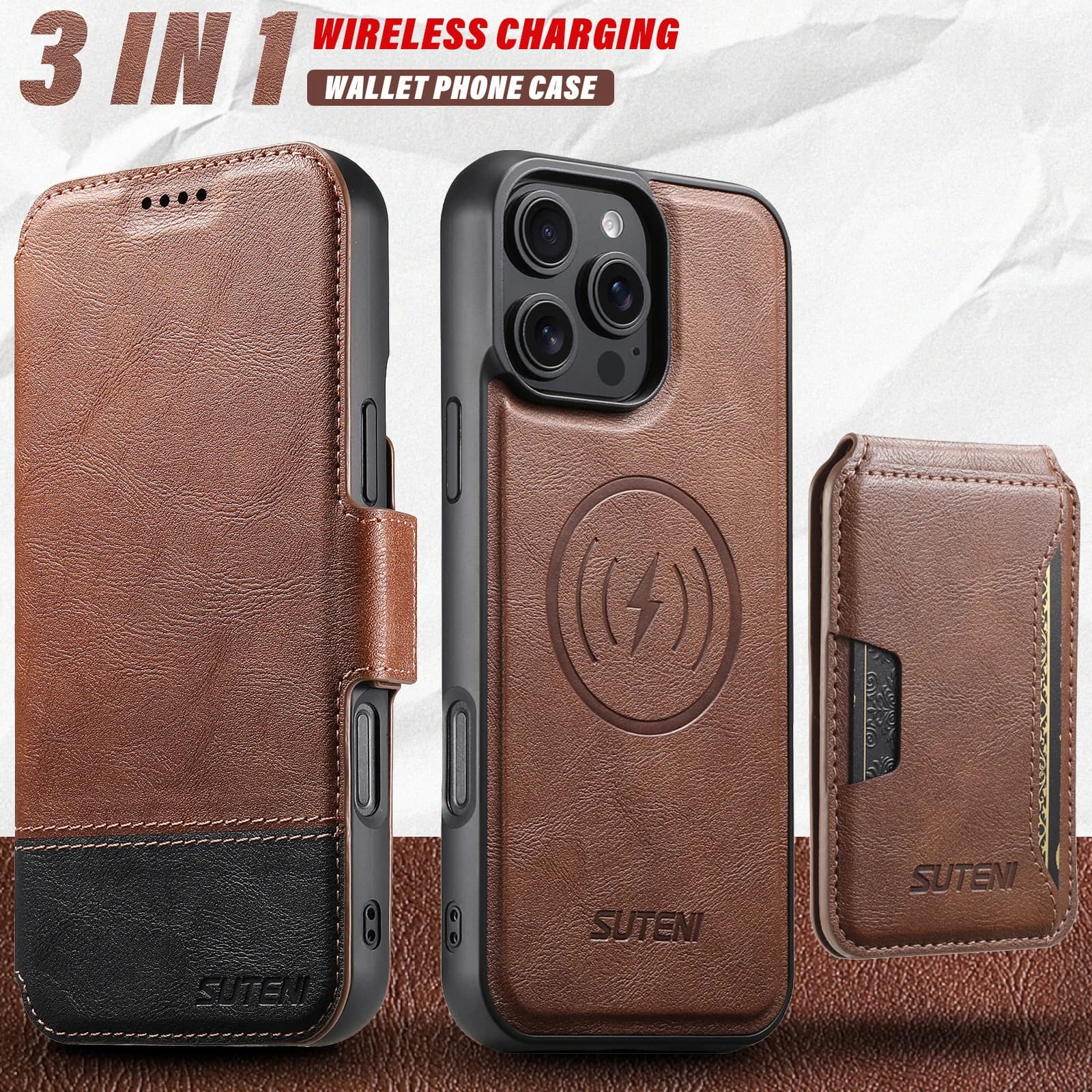 Custodia a Portafoglio 3-in-1 in Pelle per iPhone 12 13 14 15 16 17 Pro Max 16 Plus 17 Air con Cavalletto e Chiusura Magnetica Rimovibile