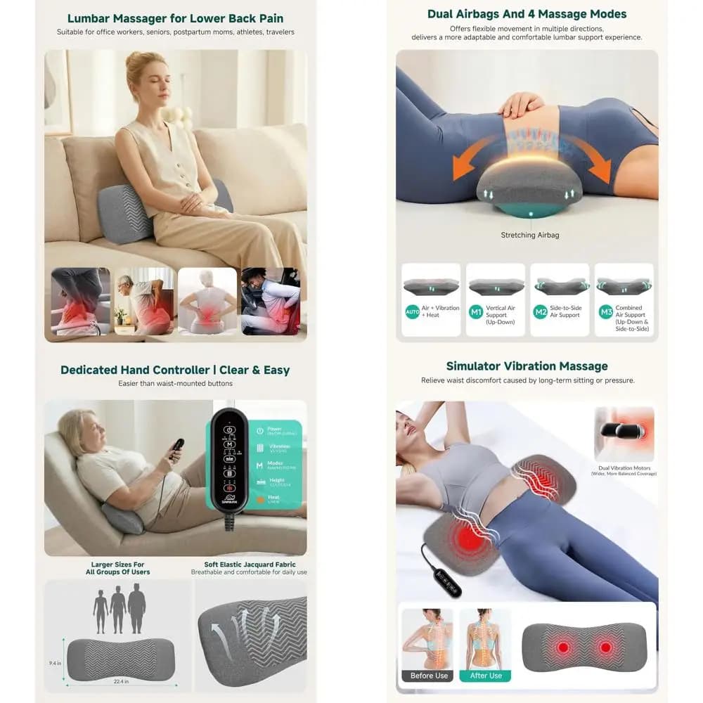 Cuscino Lombare Ricaricabile a Tripla Supporto con Massaggio ad Aria, Calore e Vibrazione, Cuscino Regolabile per il Comfort della Colonna Vertebrale