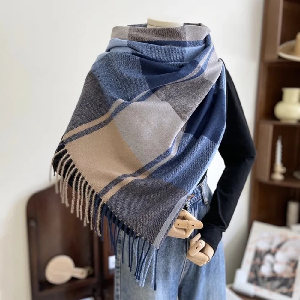 Simple Windproof Plaid Scarf Keep Warm Tassel Imitation Cashmere Shawl Thick Korean Style Shawl Wrap Gift
