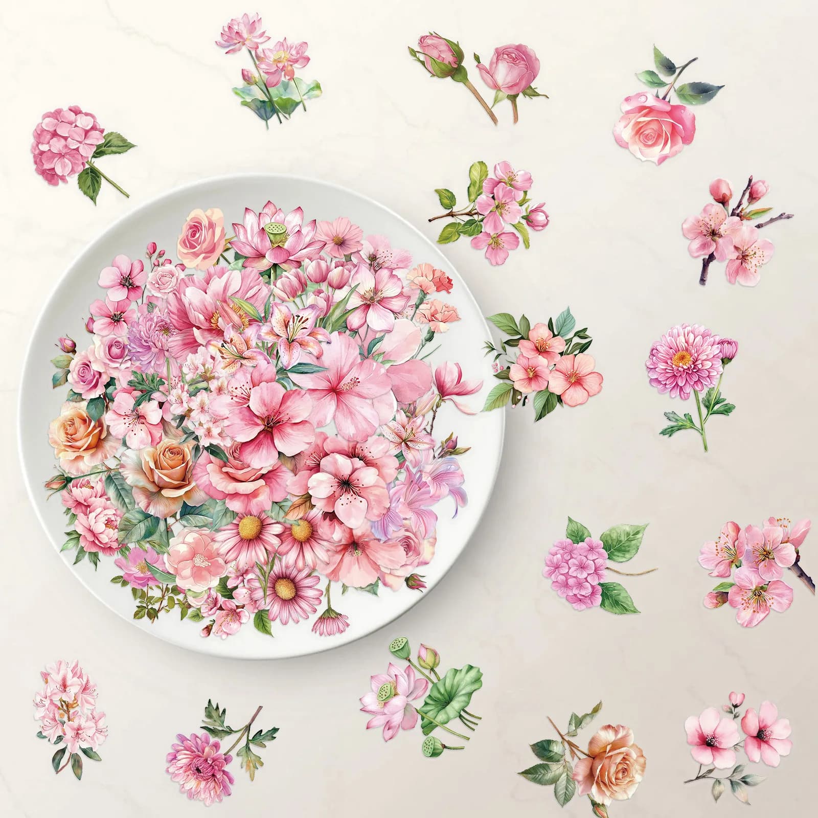 50 Pezzi Adesivi Floreali Rosa Trasparenti in PET, Decalcomanie Impermeabili per Diario, Scrapbook, Planner, Quaderno, Cancelleria, Decorazioni Fai-da-Te