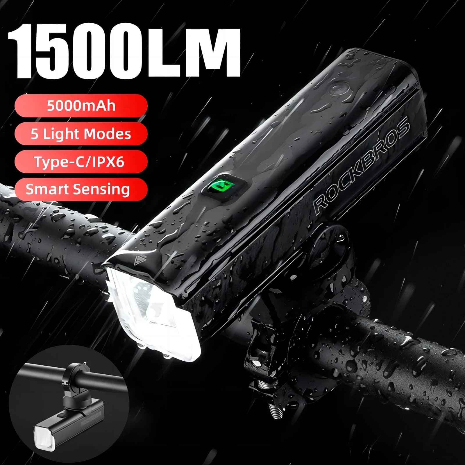 ROCKBROS Bike Light 1500LM5000mAh Type-C Bicycle Light IPX6 Temperature Control Aluminum LED Light Front Light Bicycle Light