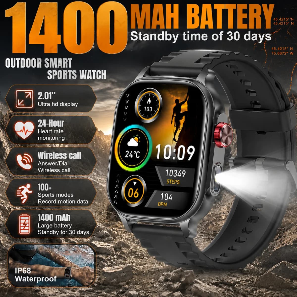 2026 1400mAh Big Battery Smart Watch Men Outdoor GPS Flashlight IP68 Waterproof Bluetooth Call AMOLED Military Sports Smartwatch