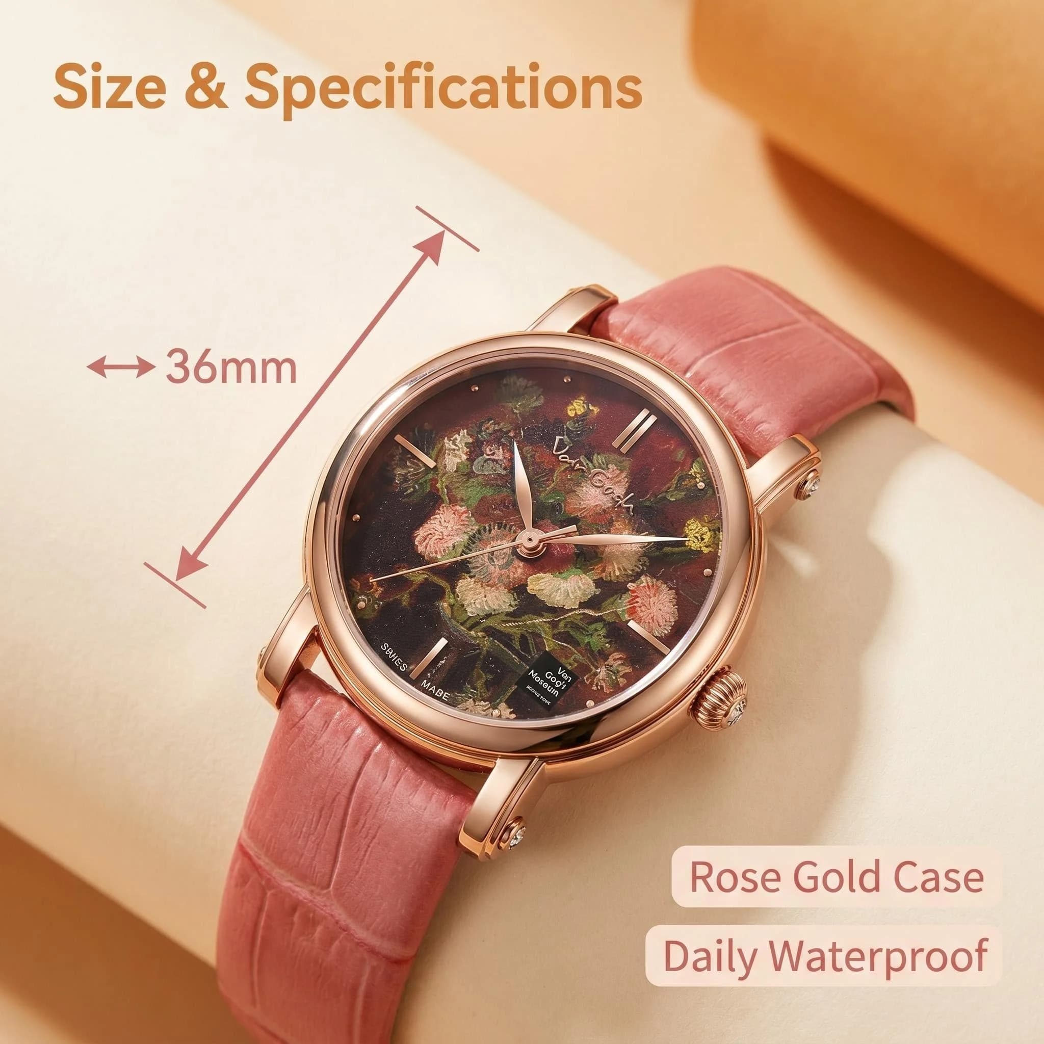 Orologio da Polso al Quarzo con Quadrante Ispirato a Van Gogh, Oro Rosa 36mm, Impermeabile, Cinturino in Pelle di Vacchetta, Orologio da Donna