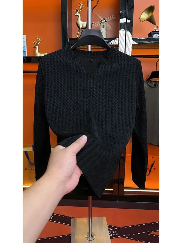 T-shirt da uomo a maniche lunghe con scollo a V a quadri, maglia a righe, felpa con cappuccio alla moda per coppie, moda autunnale casual in fibra di poliestere