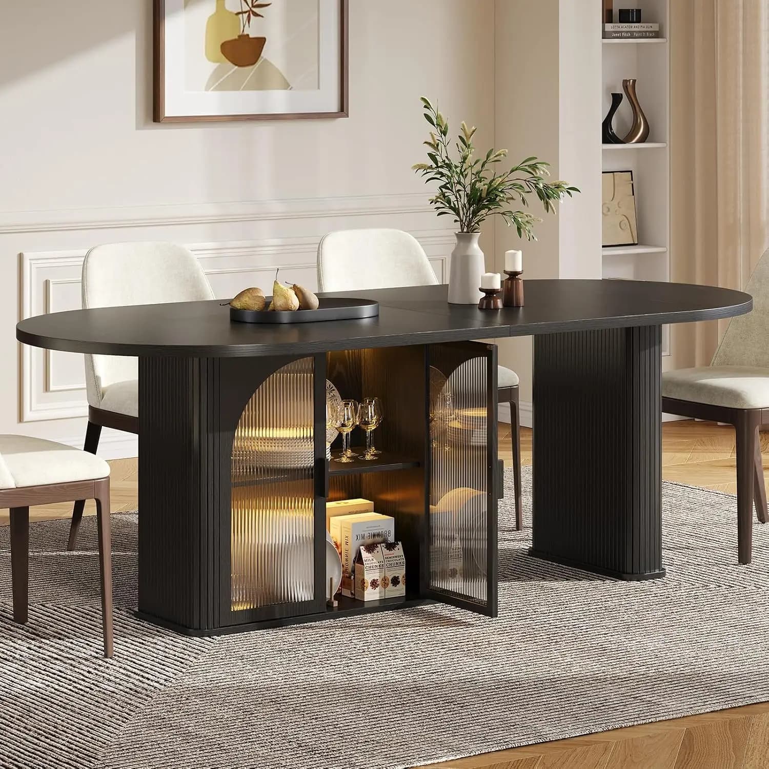 70" Oval Dining Table with 2-Tier Storage for 6-8, Large Kitchen Wood Table with LED Light, Heavy Duty Base, Customized