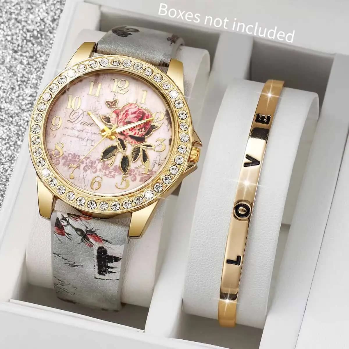 2 pcs/set fashion woman watches strass quartz watch strap leather strap bracelet set Reloj Mujer (without box)