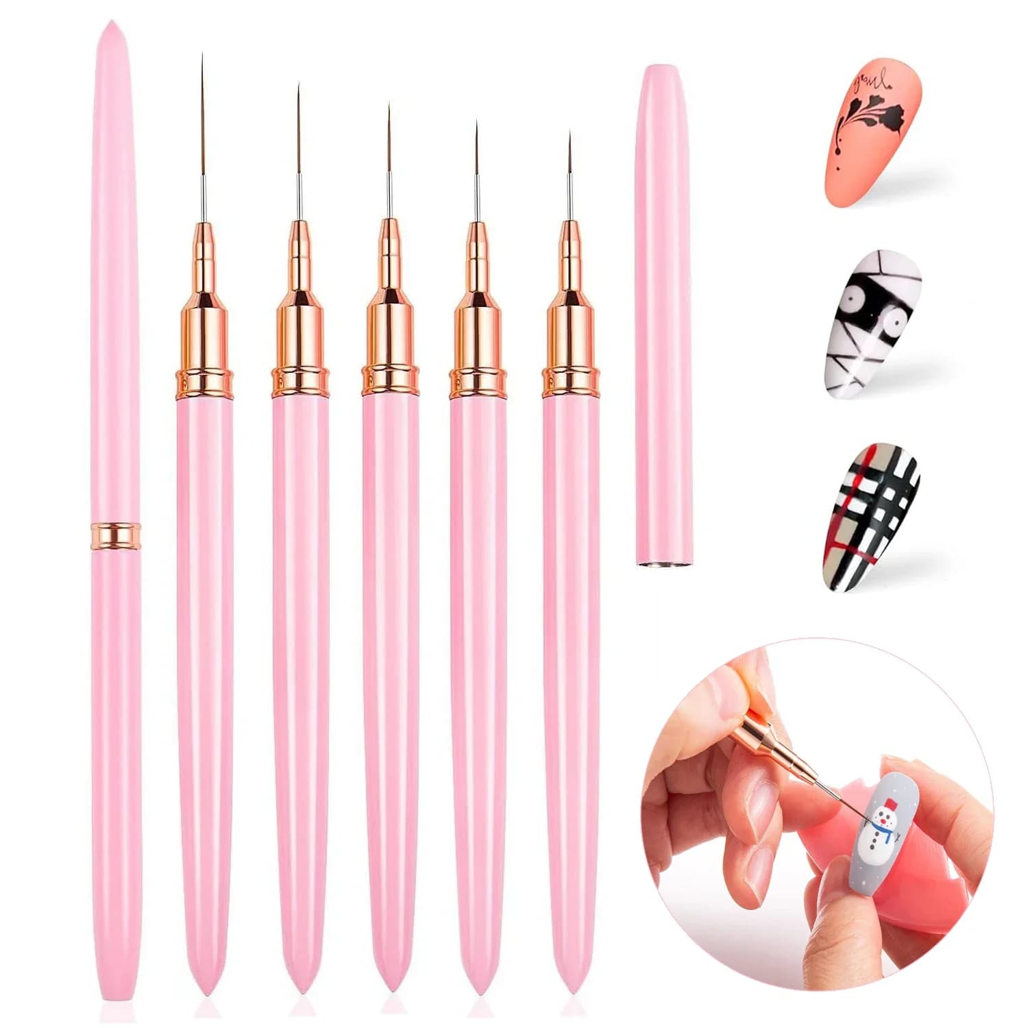 Set di 5 pennelli per nail art, kit di strumenti per unghie con pennello per rivestimento per pittura a colori fai-da-te multifunzionale, strumenti per pittura per lucidatura su gel a linea lunga