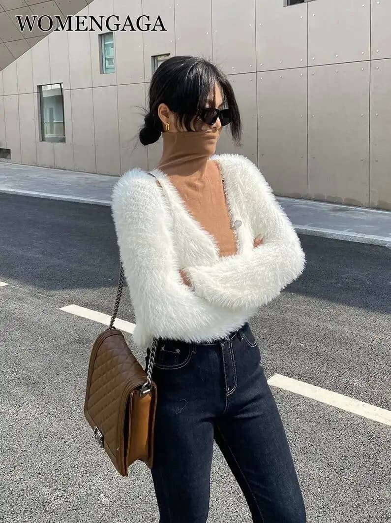 WOMENGAGA Imitating Mink Fleece Soft Cardigan Bunny Knit Sweater Women's 2023 Spring Short Japanese Fashion Tops B8ZP