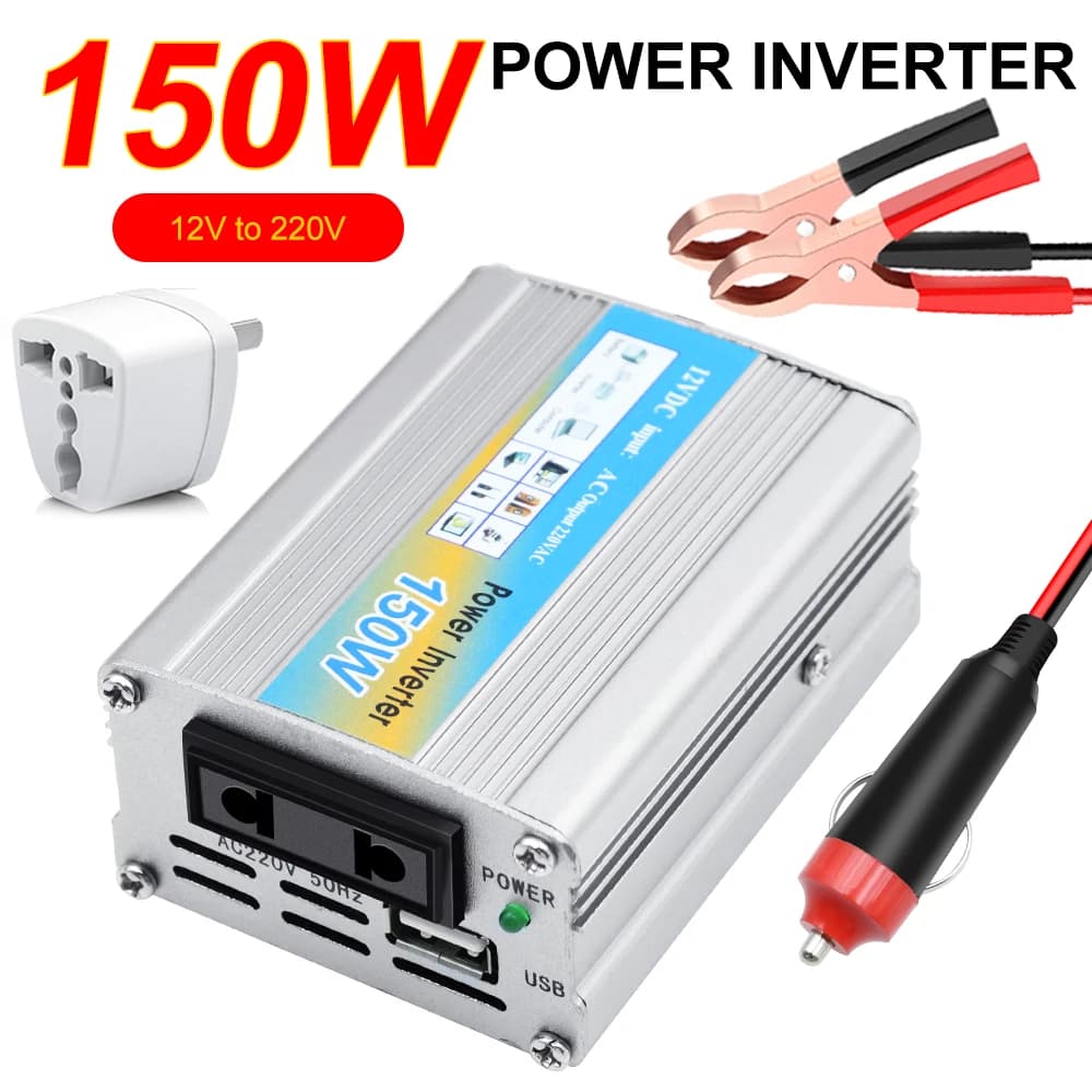 Inverter di potenza per auto da 150 W Inverter di potenza montato su auto con adattatore da viaggio Porte USB Conversione da CC 12 V ad CA 220 V