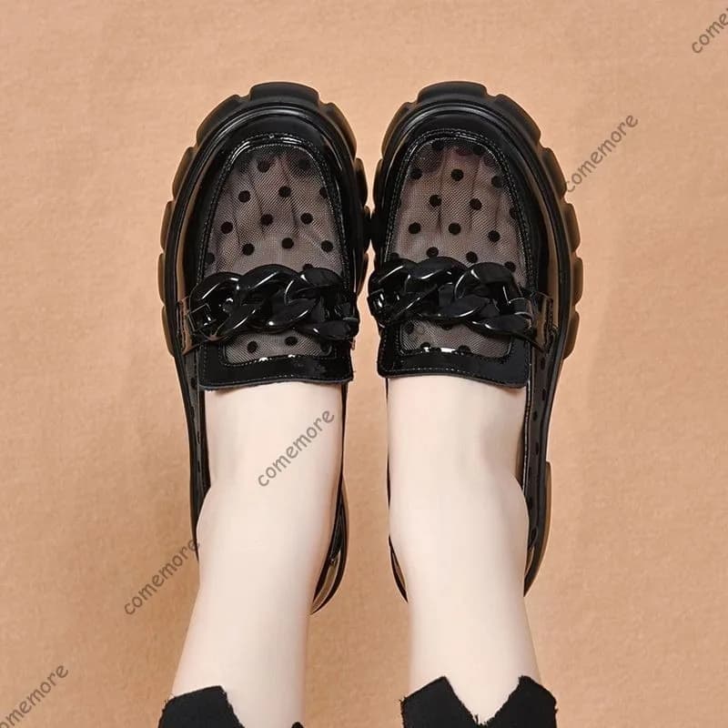 Mocassini Chunky Neri a Pois in Rete per Donna, Scarpe con Plateau e Catena, Traspiranti, Casual, da Ufficio, Taglie 35-40