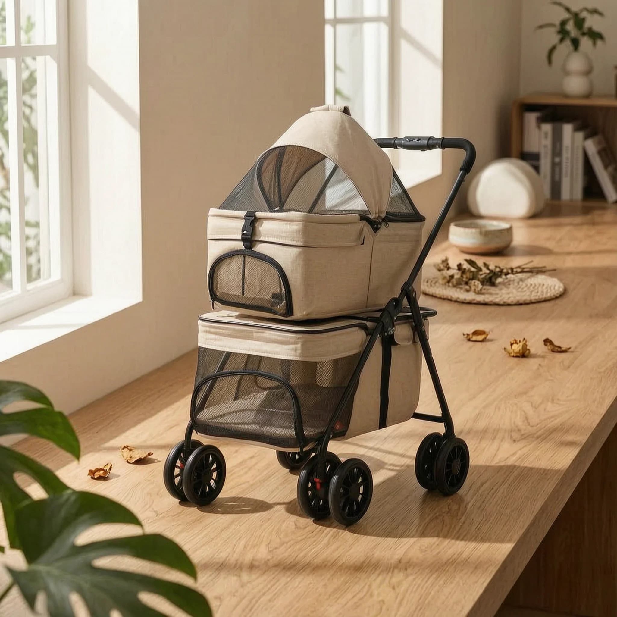 Pet Stroller with Detachable Carrier Portable Double-Layer Pet Stroller Dog Pram Convenient Easy Assembly for Multiple Pets