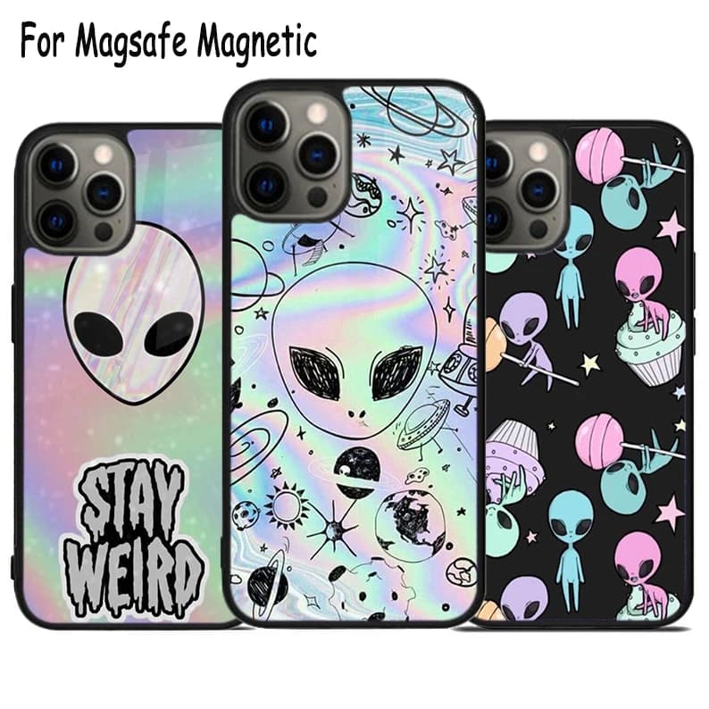Cover per telefono con ricarica wireless Alien Kawaii Art per iPhone 17 Air 15 16 16e 14 13 11 12 Pro Max Plus, cover magnetica Magsafe con paraurti