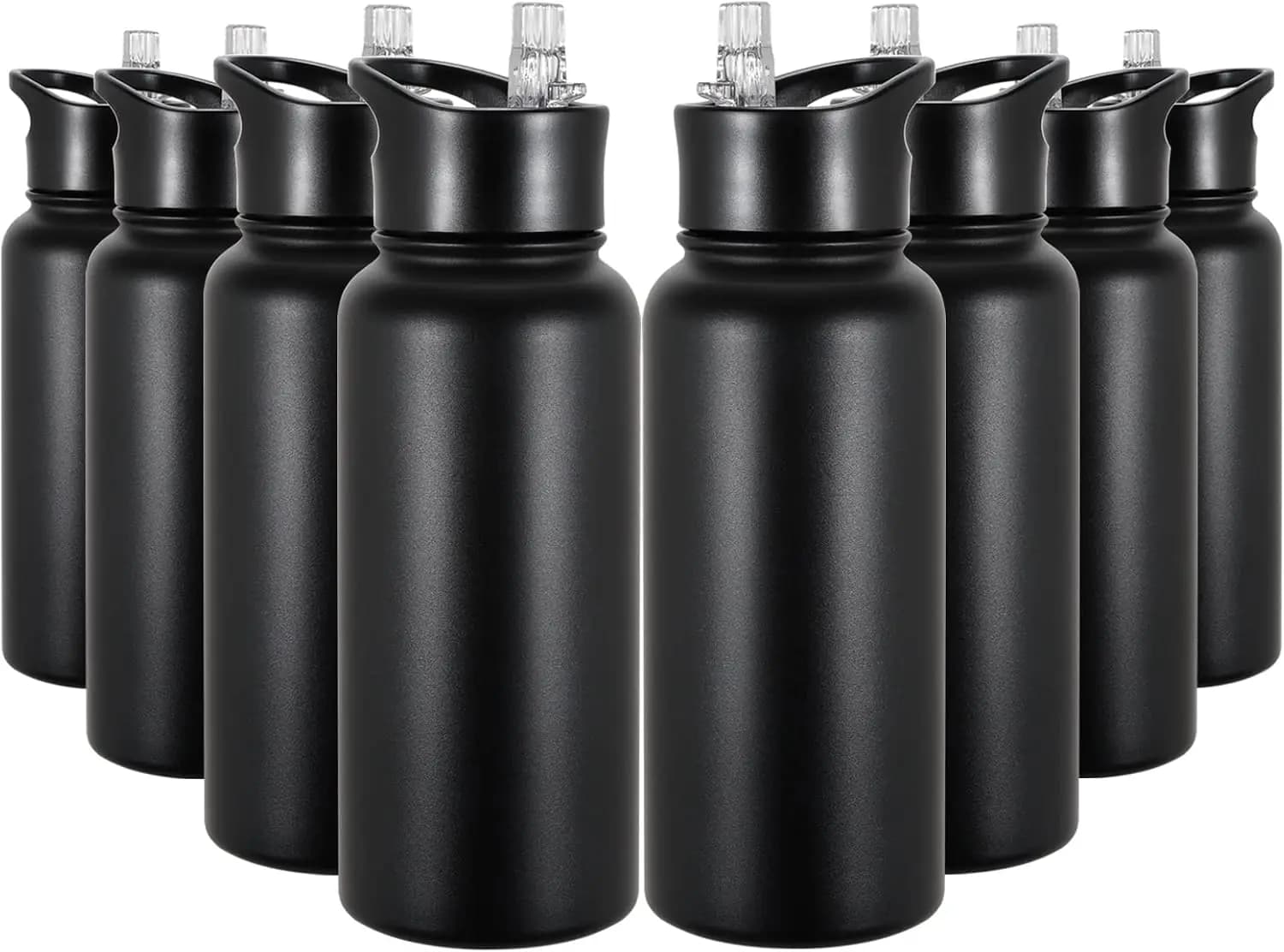 Stainless Steel Water Bottle Insulated by 32 oz, Pack of 8 with Cannuccia and Covers in Bocca Larga, Antigoccia, Black