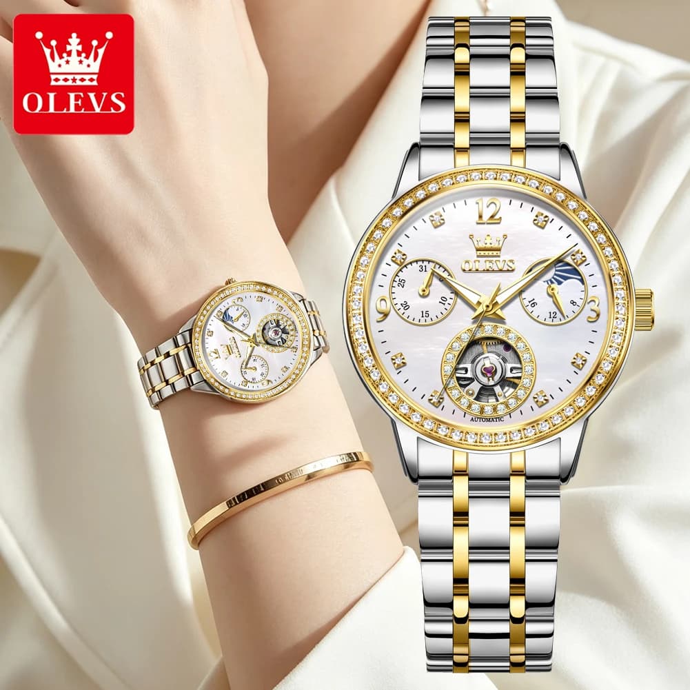 OLEVS Automatic Watch For Women Elegant Skeleton Diamond Dial Mechanical Watch Classic Waterproof Moon Phase Gold White 6750
