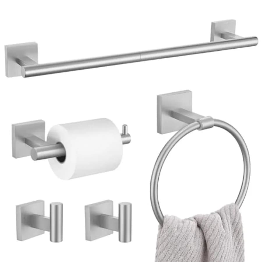 Set di accessori per il bagno da 5 pezzi, include portasciugamani da 23,6 pollici, anello portasciugamani, porta carta igienica e due ganci per asciugamani