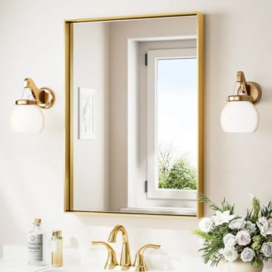 Specchio da Bagno 22 x 30 Pollici, Specchio Rettangolare Dorato da Parete, Cornice in Lega di Alluminio, Stile Moderno Rustico, Cornice Quadrata