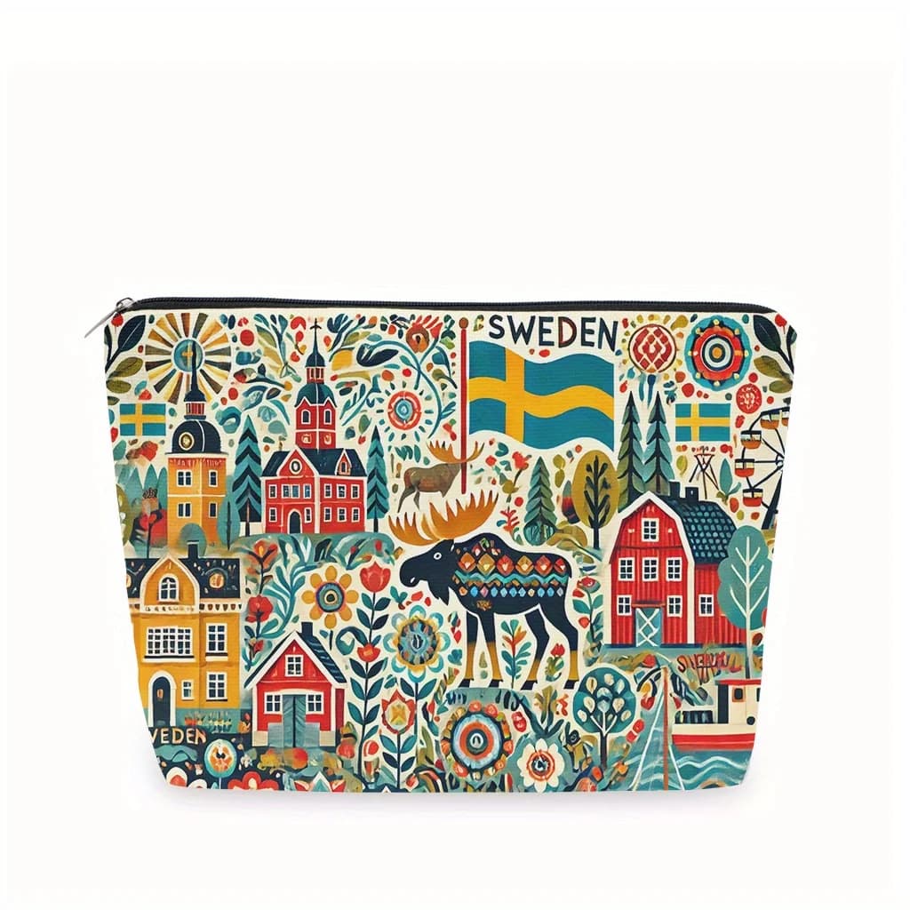 Una borsa per il trucco a tema Svezia: custodia multifunzionale con cerniera da donna, borsa per riporre gioielli, piccola borsa portaoggetti con cerniera da viaggio perfetta.