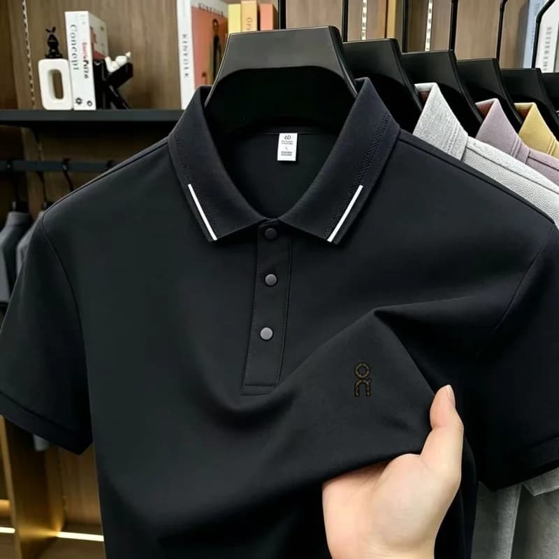 Polo da uomo a maniche corte, in seta, ad asciugatura rapida, effetto rinfrescante, casual elegante, traspirante, comoda, leggera, da golf, con motivo premium.