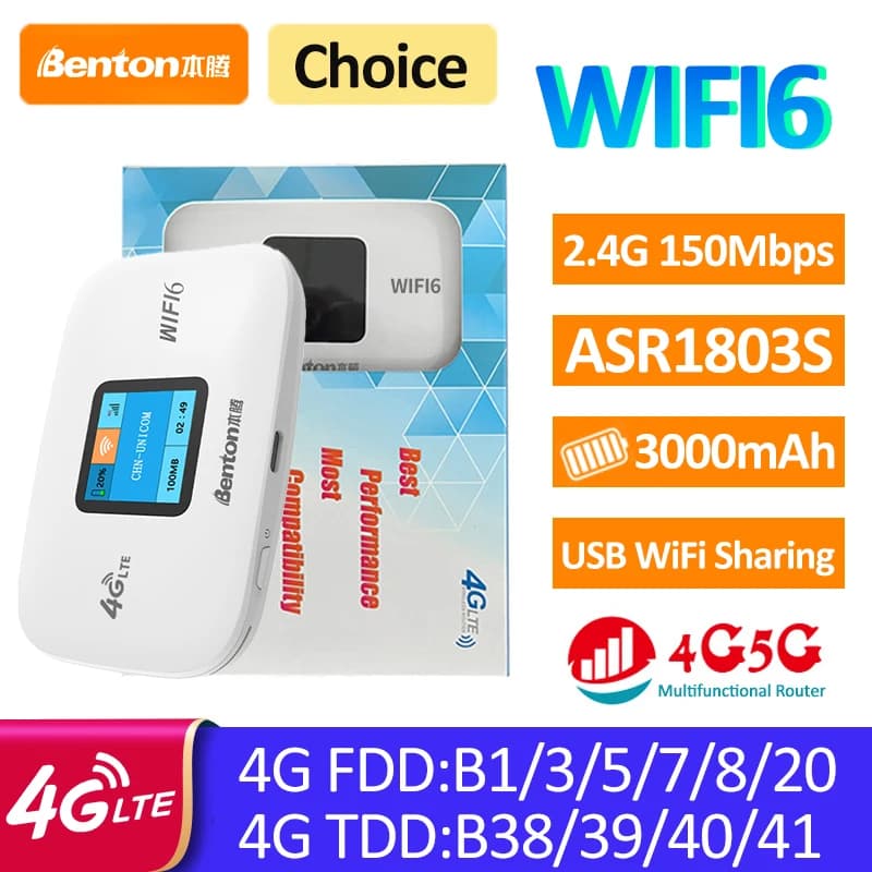 Benton Plug Play 4G LET Router WiFi portatile 3000mAh 2.4GHz 150Mbps WiFi6 Router mobile USB per Asia Europa Medio Oriente Africa