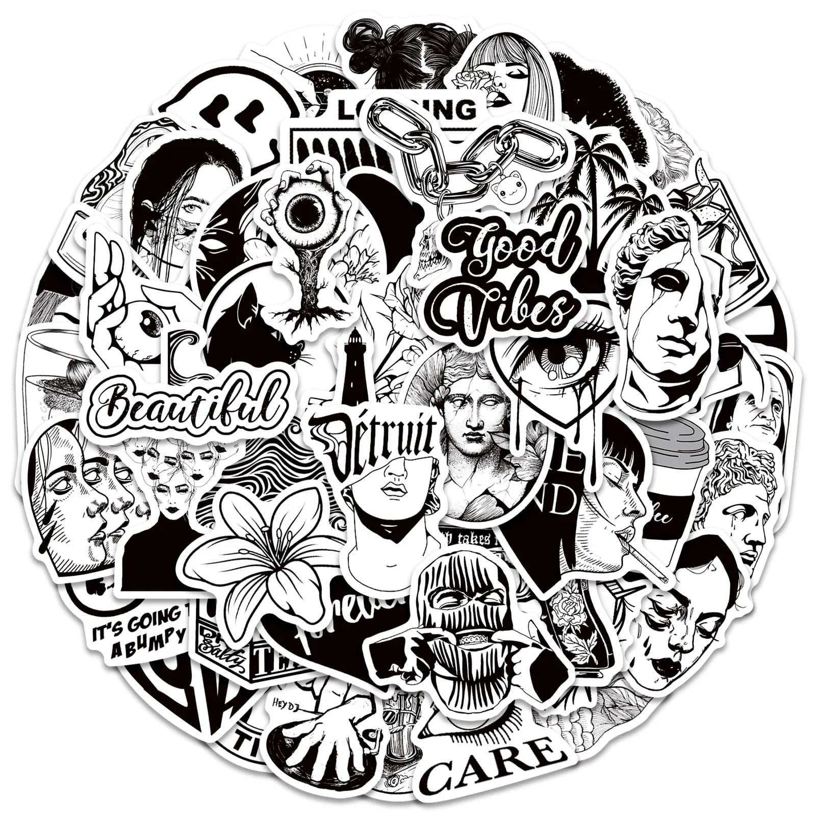 50Pcs Graffiti Black and White Art Styling Stickers Laptop Luggage Phone Case Guitar Fridge Car Motorcycle Cool Ins Decals
