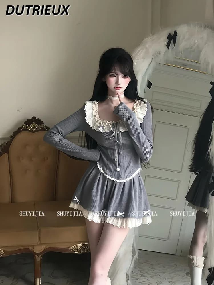 Set da donna primavera ed estate nuovo puro desiderio collo quadrato in pizzo a maniche lunghe lavorato a maglia Top femminile Spice Girl gonna corta a vita alta