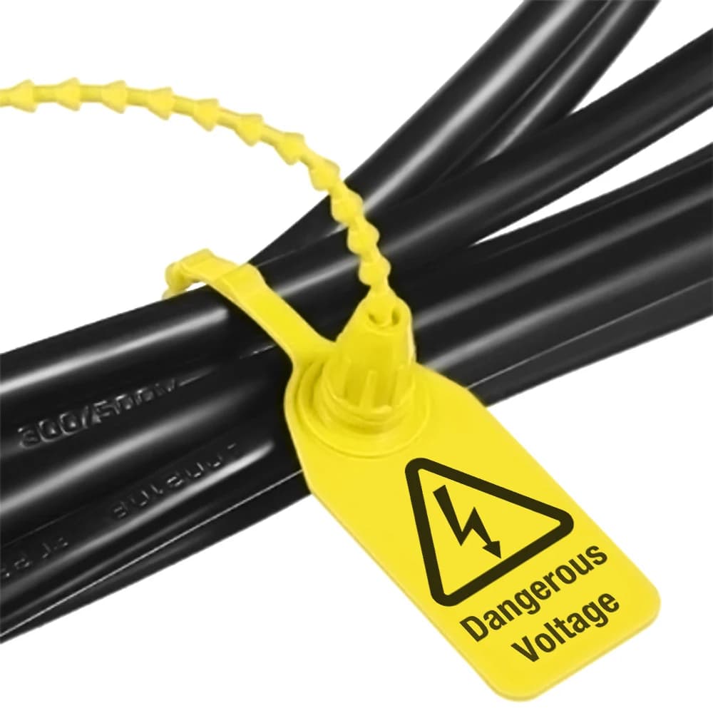 100 pezzi sigilli di sicurezza in plastica tensione pericolosa fascetta con cerniera etichette di avvertimento per cavo giallo 250 mm/9,8"