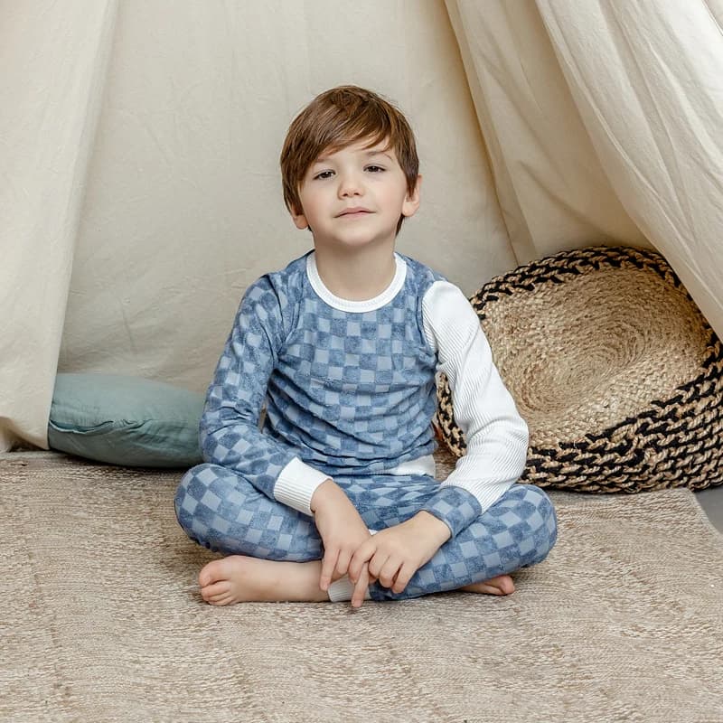 Children clothes 2pcs set colorblock pajamas terry checked kids clothes boy/girl clothes round neck long sleeves for all seasons