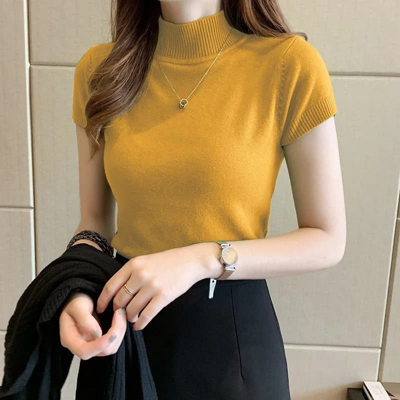 Maglia da donna primaverile autunnale a collo semi-alto, a maniche corte, in maglia, aderente, da indossare sotto camicie e bluse