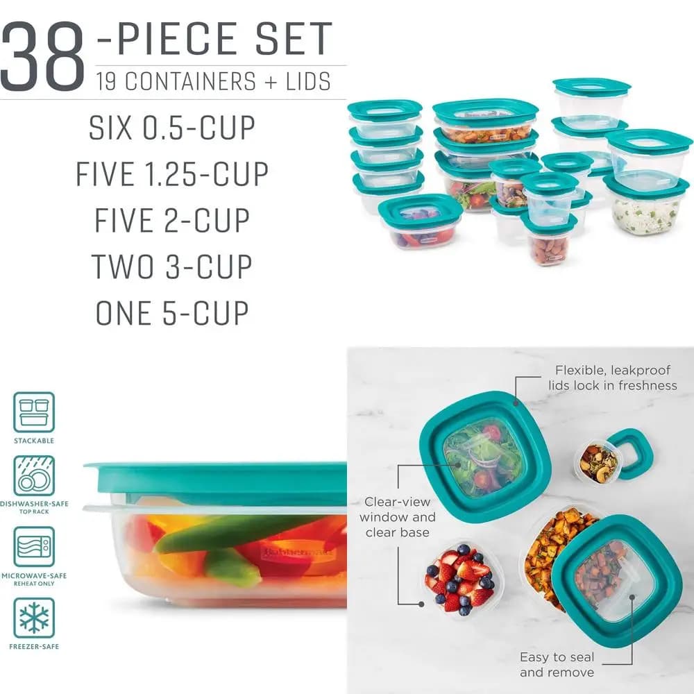 Set di 38 Contenitori per Alimenti con Coperchi a Chiusura Ermetica per Preparazione Pasti, Pranzo e Avanzi - Lavabili in Lavastoviglie, Trasparenti/Blu