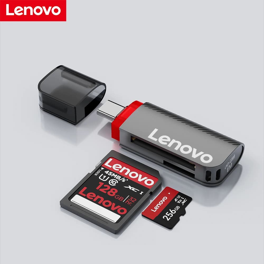 Lettore di schede Lenovo Type-C 2-in-1, adattatore per schede di memoria SD TF Micro SD ad alta velocità, lettore di schede portatile per telefono, laptop, PC