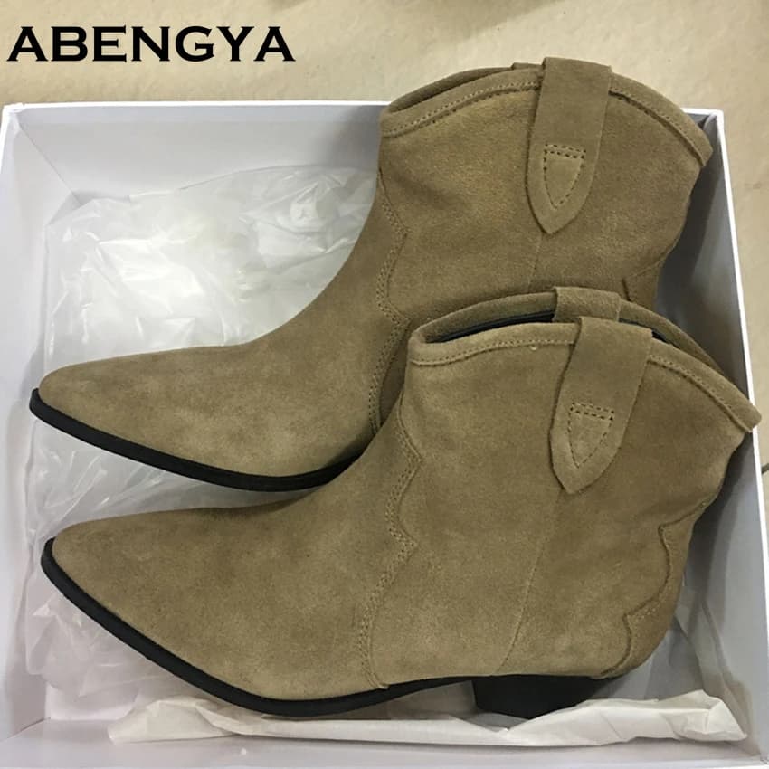 2025 Stivaletti Chelsea classici in pelle scamosciata Donna Stivaletti slip on con tacco quadrato e punta tonda Comodi stivali da cavaliere piatti da donna