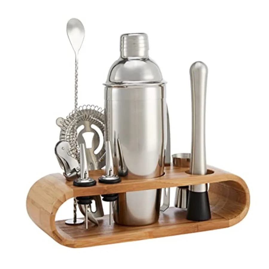 10-Piece Stainl Steel Cocktail Shaker Bar Tool Set with Bamboo Stand Holder, Home Bar Drink Mixing Accories, Housewarming Gift