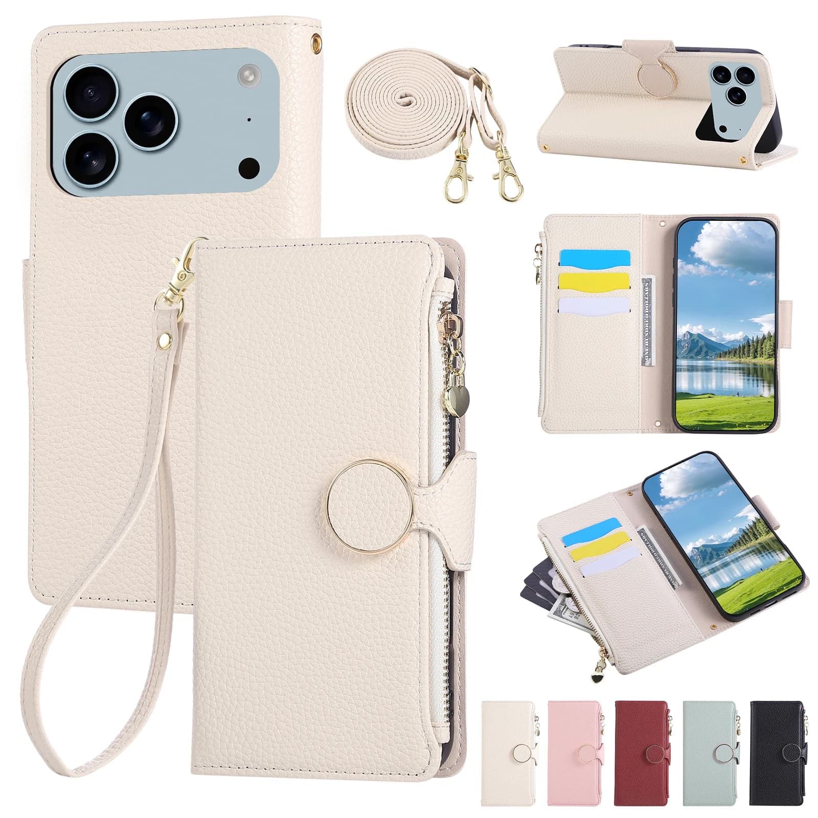 Wallet leather case with zipper for iPhone 17 Pro Max 16 15 14 13 12 11 Plus air 16E Long cord bag Book cover