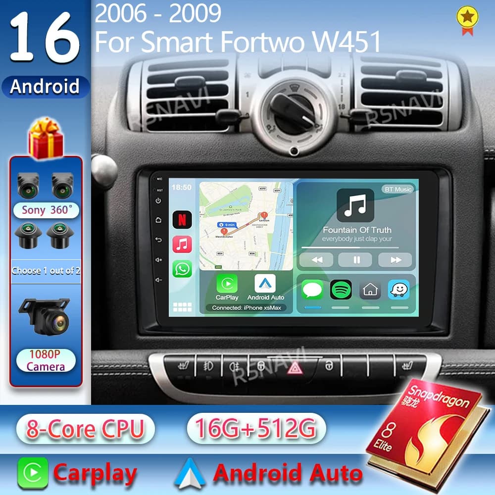 Android 15 Carplay For Smart Fortwo W451 2006 2007 2008 2009 Car Radio GPS Navigation Multimedia Video Player Stereo No 2Din DVD