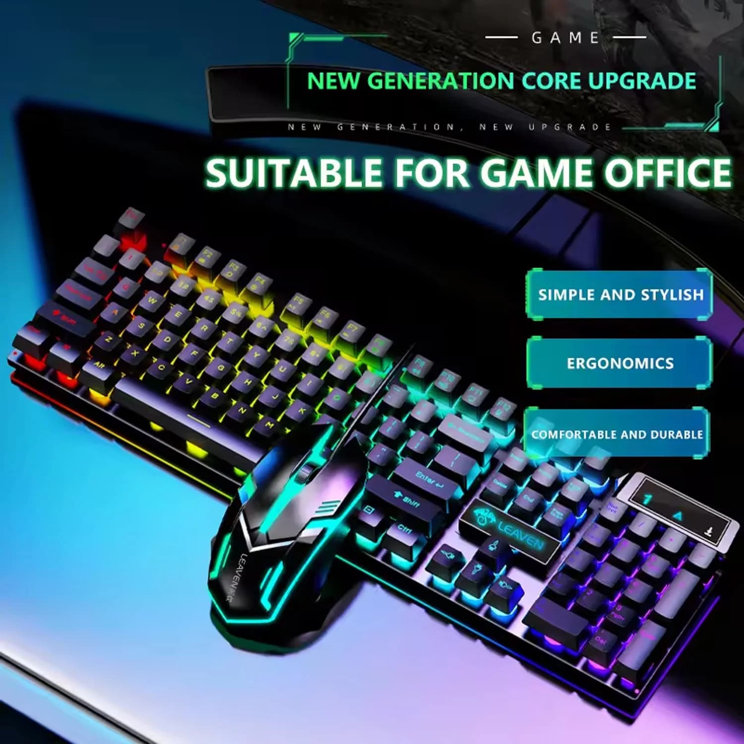 Tastiera e mouse per giocatori Tastiera da gioco per PC Tastiera retroilluminata RGB Copritasti in gomma Tastiera inglese cablata Mouse da gioco per giocatori