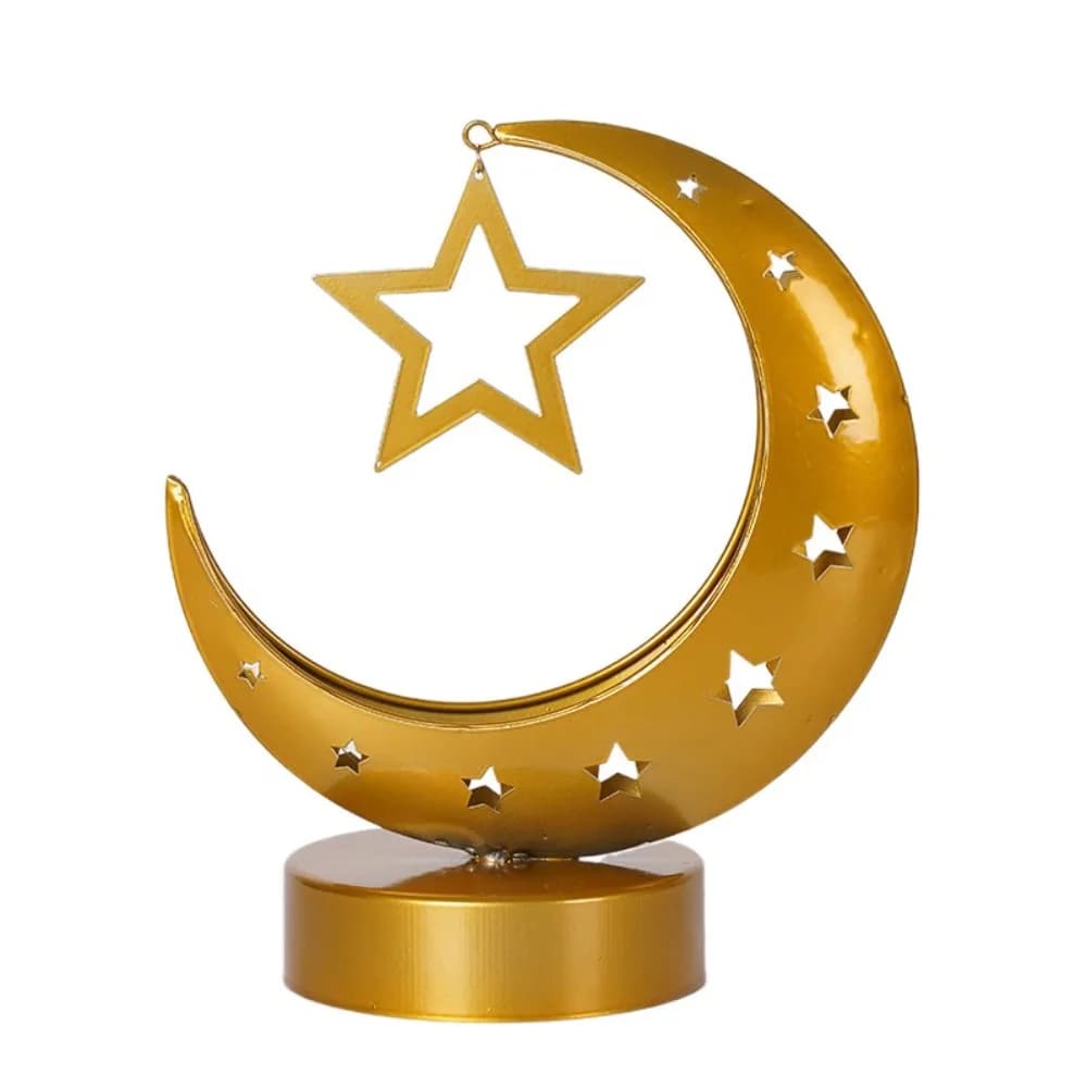 Lampada da Tavolo in Metallo con Design Artistico Ramadan, Lampada a LED a Forma di Luna Dorata in Ferro Battuto, Ornamento a Forma di Stella Crescente