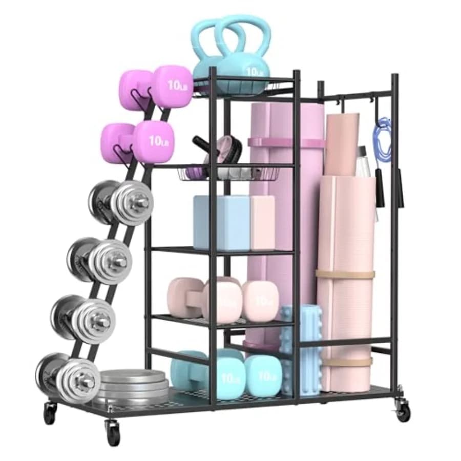 Bearing for Handpieces and Gym Tools with Yoga and Kettlebell Carpet Organizer, in Black Steel, for Garage or Home