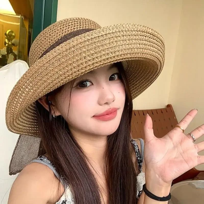 Vintage Women Hat With Bowknot Foldable Summer Sun Hat Wide Brim Casual Straw Cap For Outdoor Travel Beach UV Protection Hat